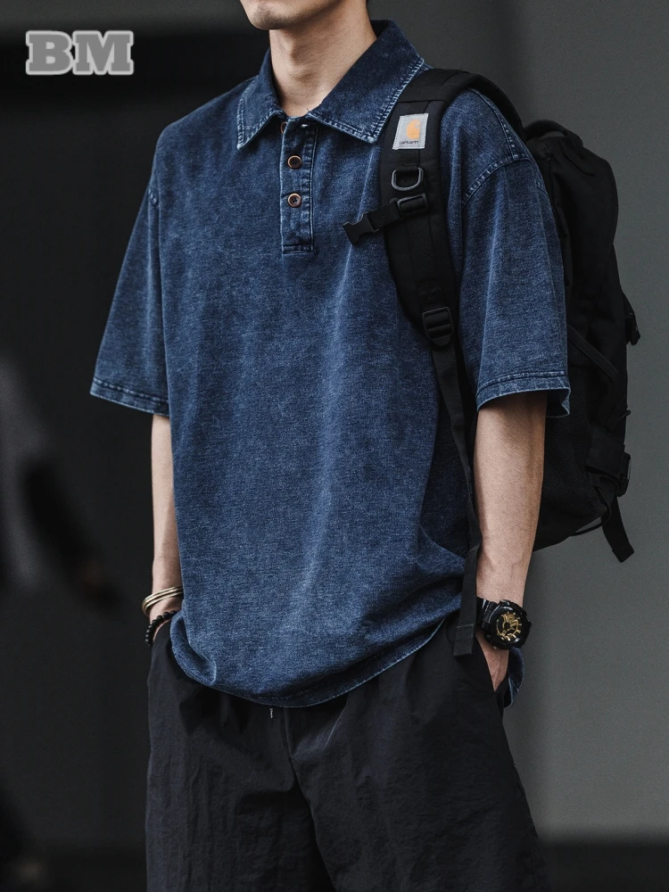 

Korean Vintage Washed Distressed Denim Polo Shirt For Men Summer Thin Loose Casual T shirt High Quality Tee Retro Streetwear Top