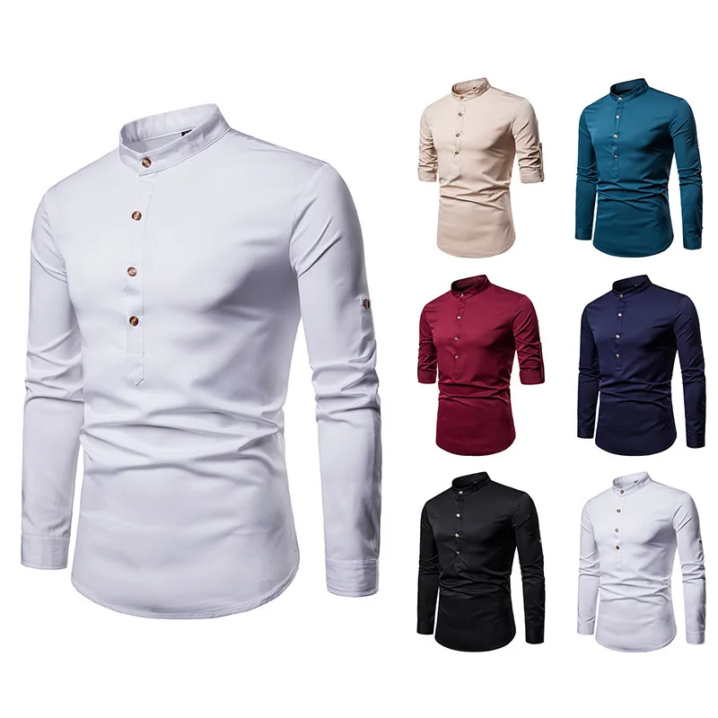 

Men's Henry Collar Casual Long Sleeved Shirt European Size Trend Fashion Large Size Solid Standing Collar Shirt Men's