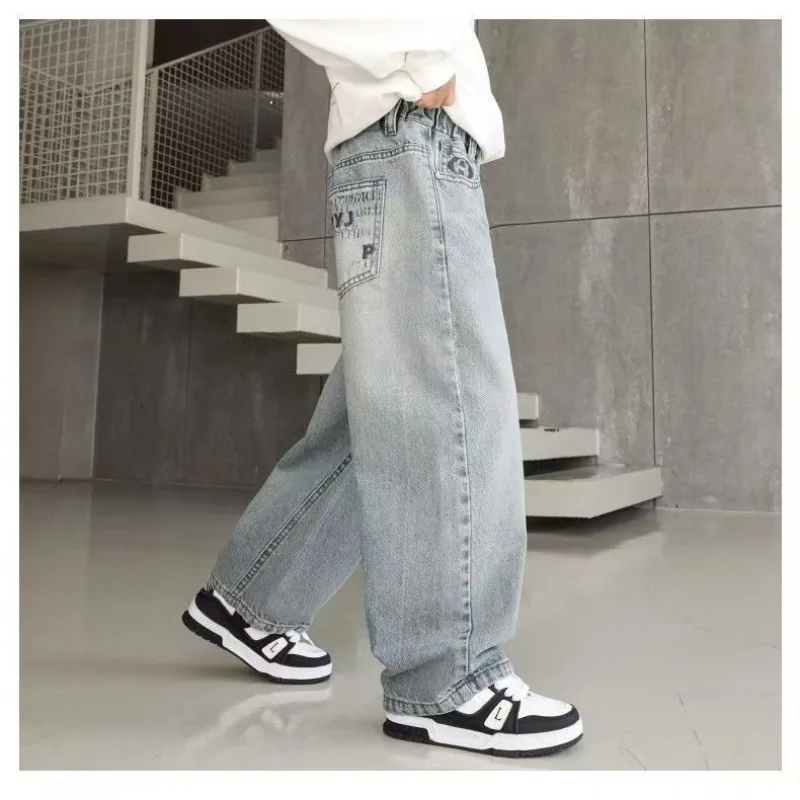 Herbst Kinder Jeans UNITIM 4-14 Jahre Jungen Denim-Hosen mit Schriftzetteltasche Lose Elastische Taille Junior Jungen Gerade Hosen Teenager Jungen Hose – Detail 10