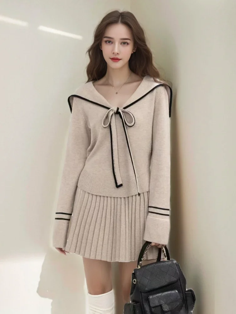 Small Fragrance Knit Matching Sets Sailor Collar Lace Up Striped Contrast Color Pullover Pleated High Waist Skirt Women Clothing