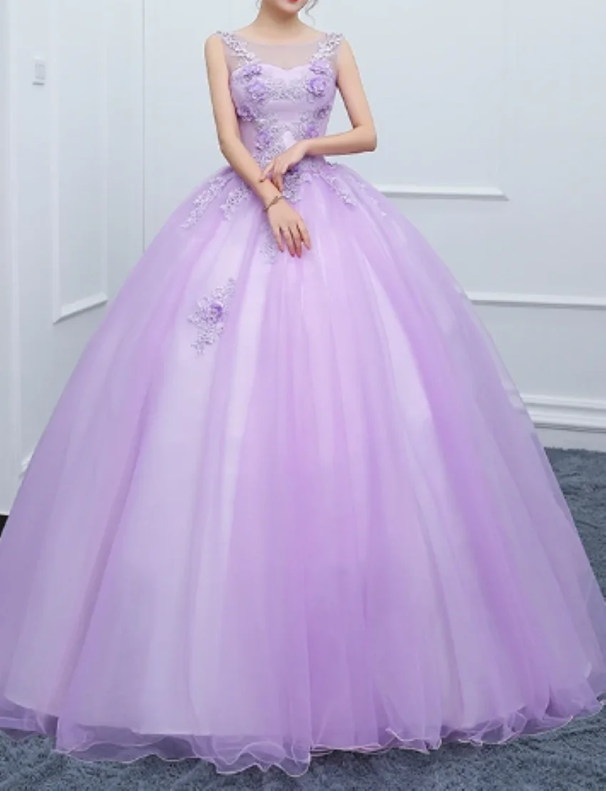 V-nek Appliques Vestidos Sweet 16 years Party Prom Vintage Floor-Length Ball Gown Summer Light Purple Quinceanera Dresses