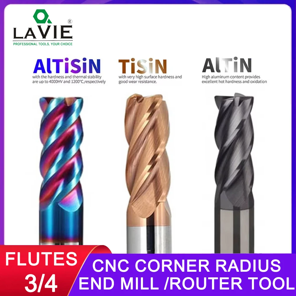 LAVIE Corner Radius End Mill CNC R Bullnose Cutter Tungsten Carbide Steel Metal Router Tool 3 4 Flutes R0.5 R1 Surface Machining
