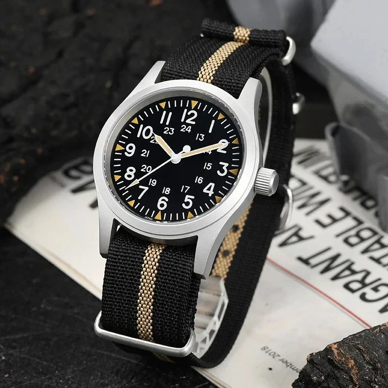 RDUNAE RA03 G10 34.5mm Retro Military Watch 316L Stainless Steel K1 Mineral Glass Luminous Sports Quartz Men Pilot Watch Men