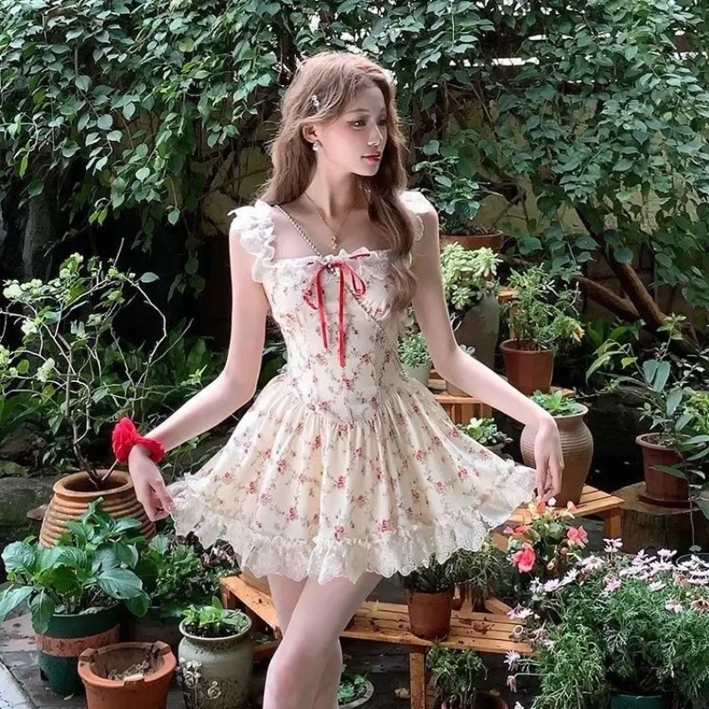 Elegant Sweet Lace Floral A-line Dresses Women Spring New Slim Waist Sleeveless Vest Y2k Dress Vestidos Womens Clothing