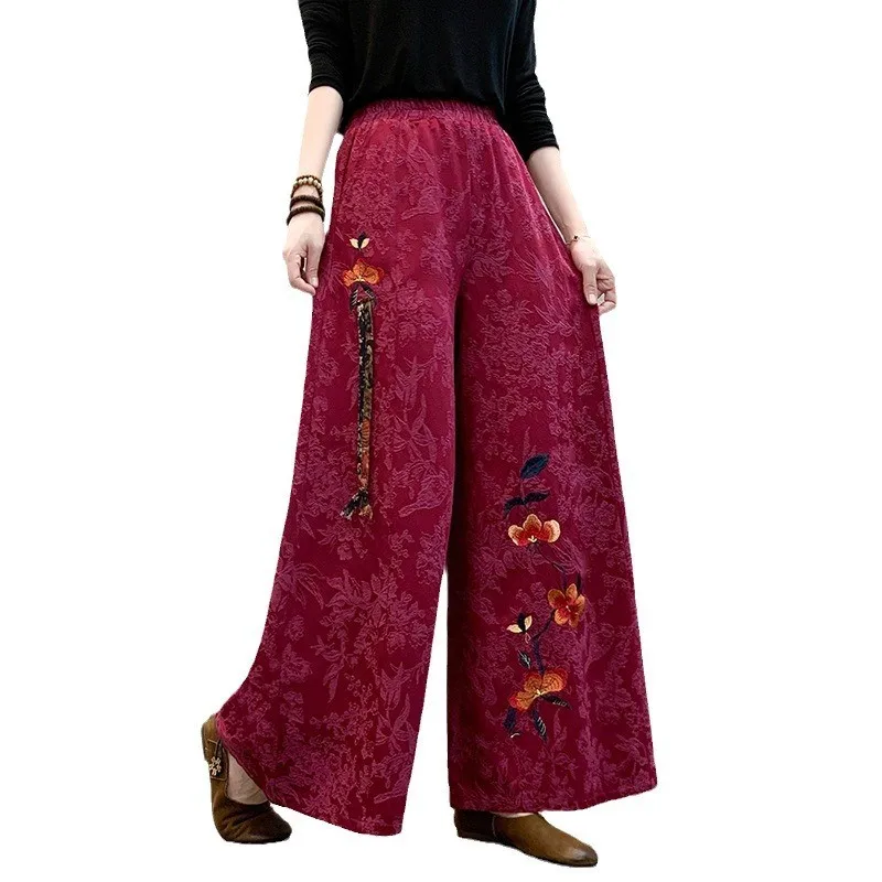 Pantalon rétro en coton et lin pour femmes, jambes larges, ceinture brodée, décontracté, ethnique, taille haute, drapé Long, nouvelle collection printemps
