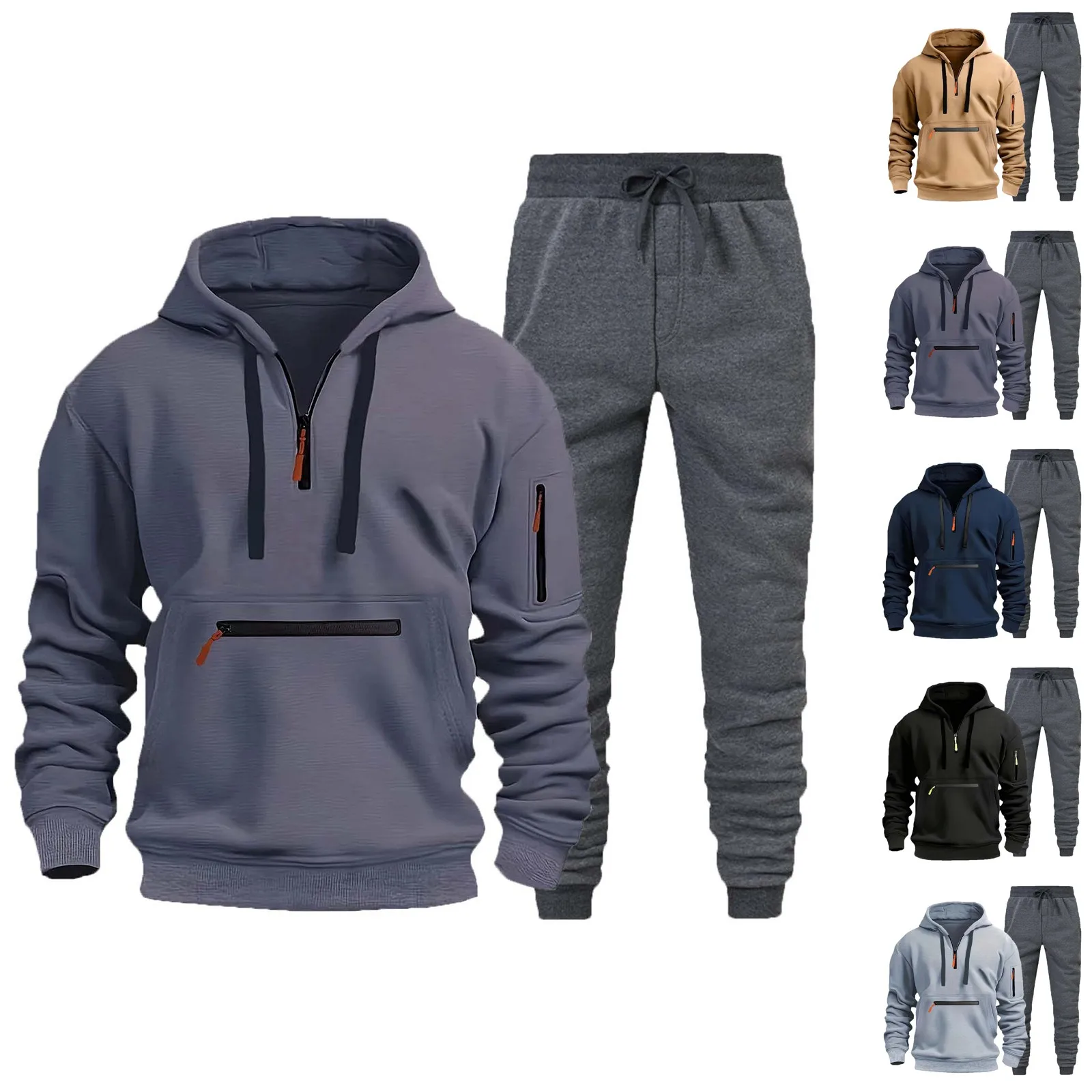 Sport Suit 2024 Men Multi-Zip Arm Pockets Causal Winter Fleece Hoodie Pants Set Outdoor Running Camping Fishing Sports Tracksuit