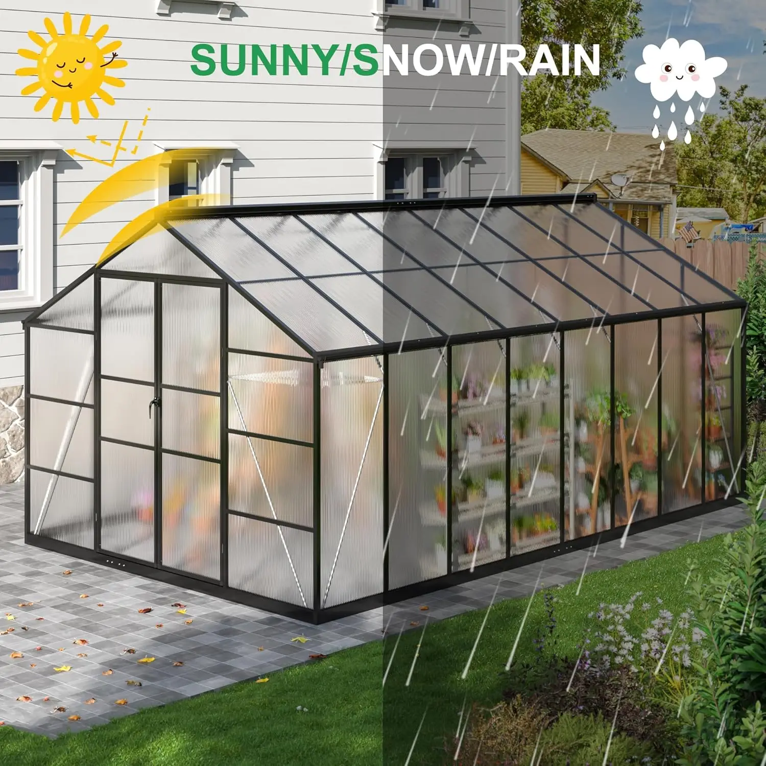 

10x16 FT Greenhouse for Outdoors, Walk-in Polycarbonate Greenhouse with Roof Vent and Quick Setup Structure, Heavy Duty, Custom