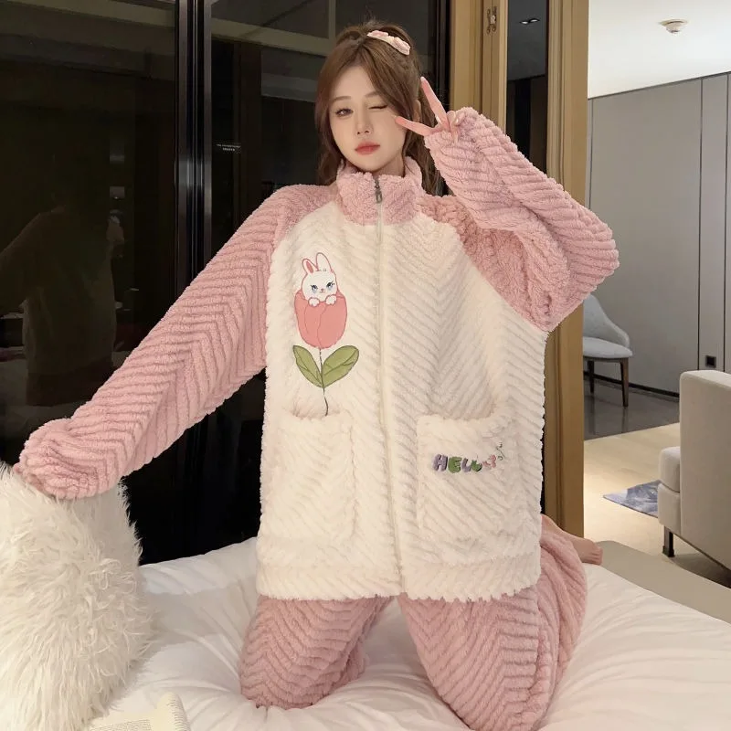 Winter New Women Large Size Pajamas Sweet Jacquard Plush Thickened Zipper Long Sleeve Homewear Suit Warm Stand Collar Sleepwear