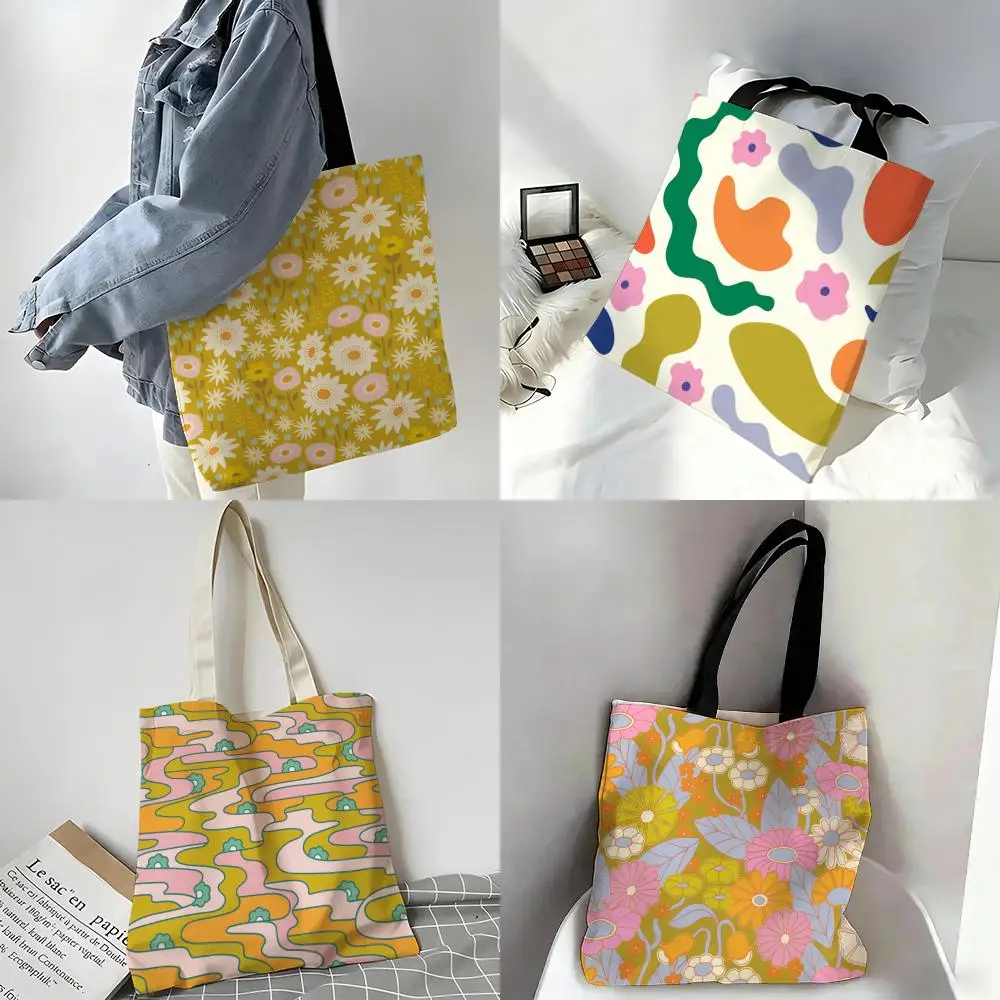 Bolsas de almacenamiento, bolso de hombro portátil informal, bolso de compras ligero, bolso de lino reutilizable, flores modernas, E-Elizabeth Olwen 2