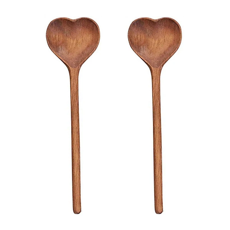 Wooden Heart-Shaped Spoons (2Pcs) - Small Wooden Spoons For Condiment, Salt, Sugar