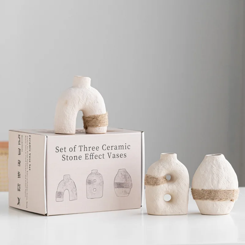 Ceramic Craft Set 3 Pcs Earth Glaze Tied Mini Vases Home Decor
