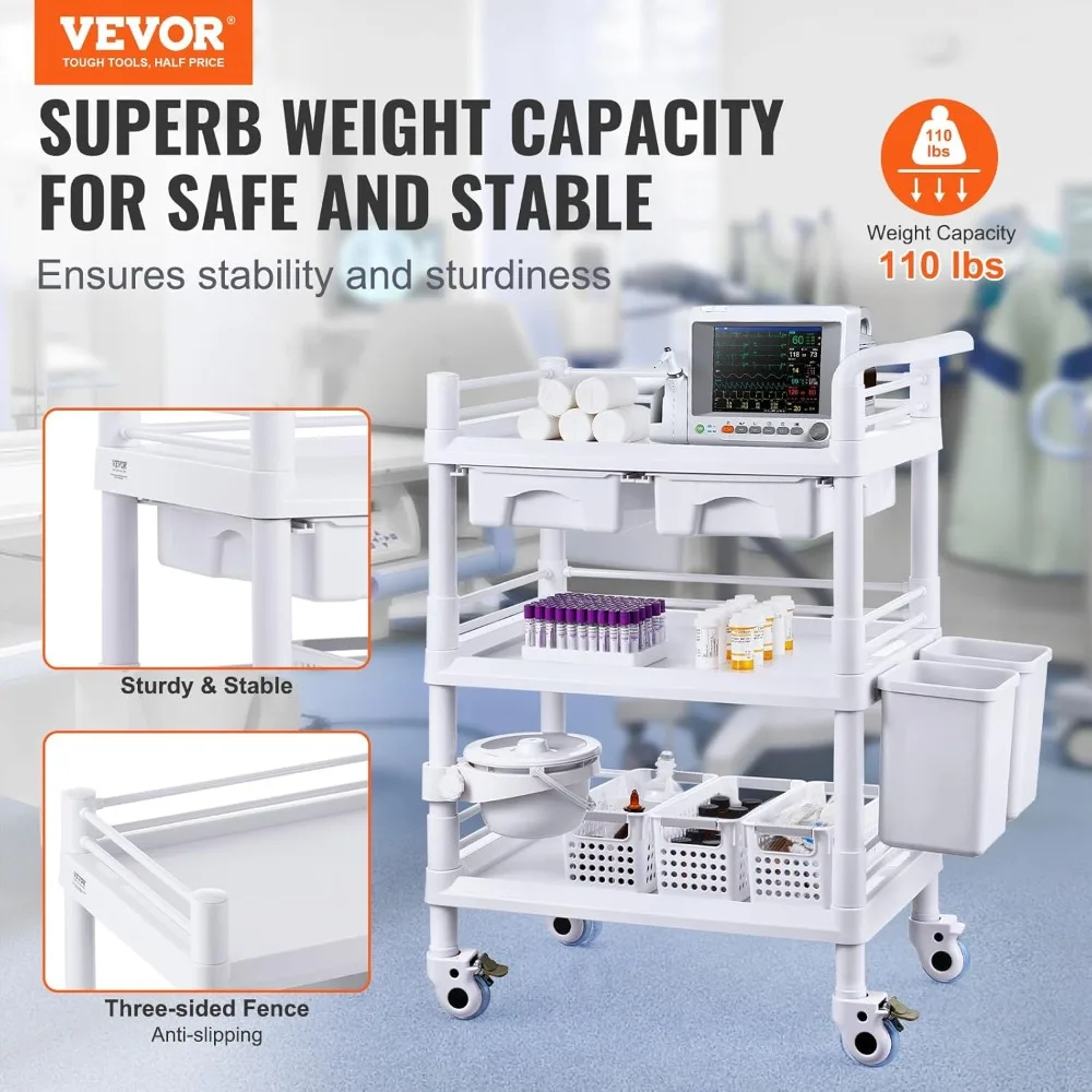 Medical Mobile Trolley Cart with 2 Drawers & 3 Trash Cans with 4 Silent Wheels & 2 Dirts Bucket & Bowl,for Lab