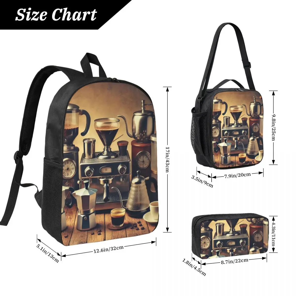Coffee Machine And Espresso Bar Backpack Kids BookBag School Bag Computer Shoulder Bags 3ps Insulated Lunch Bag Pencil Case