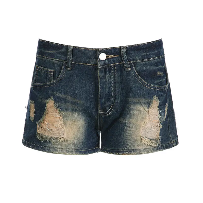 Denim Shorts Raw Edges Ripped Holes Low-Waisted Slim-Fitting American Hottie Washed Women'S Ultra-Short Hot Pants