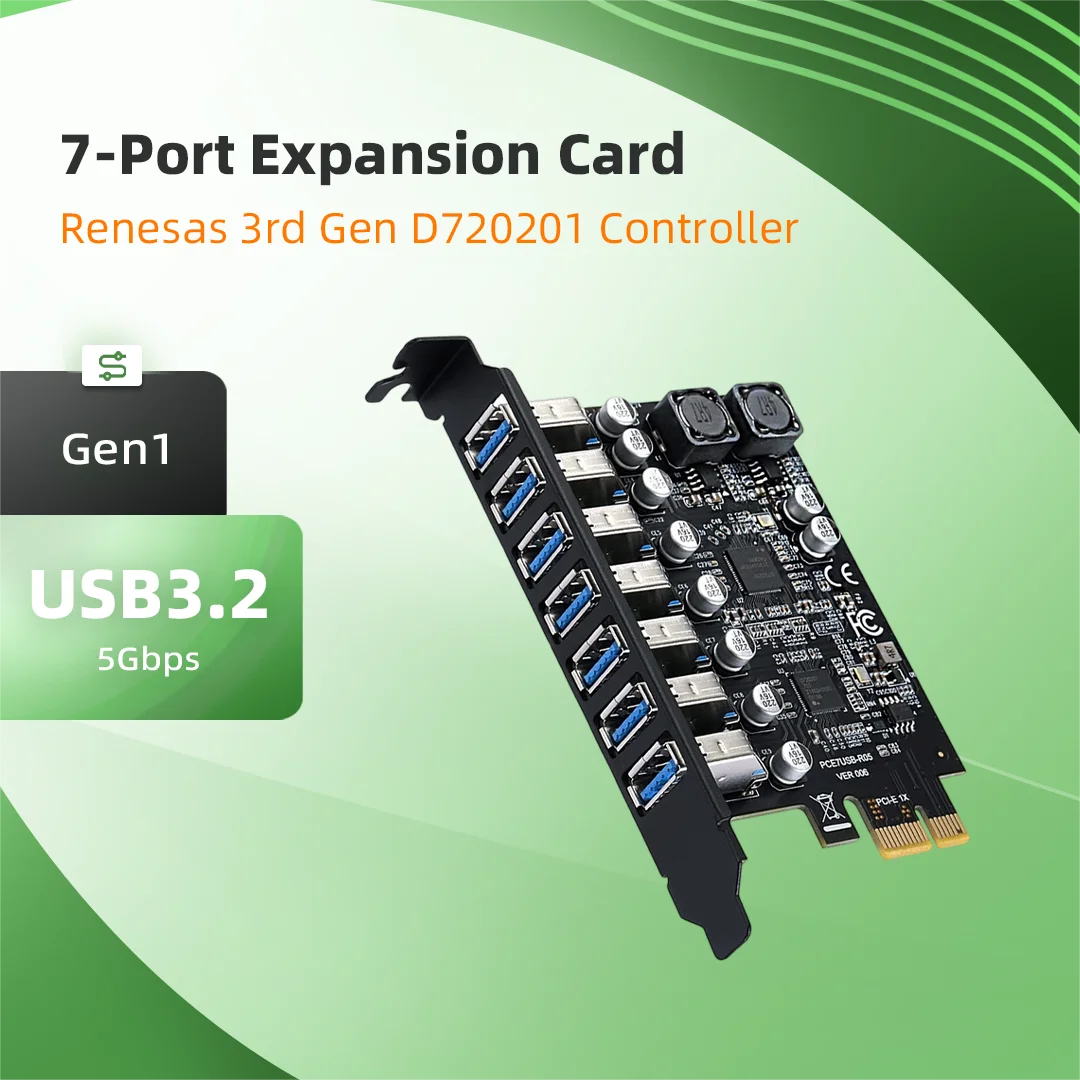 

PCI-E USB3.2 Gen1 7 Port Expansion Card SuperSpeed 5Gbps RENESAS D720201 Third Gen Controller DesktopInternal USB Hub Adapter