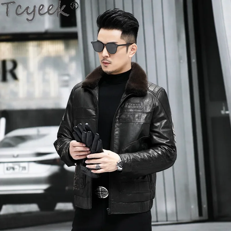 Tcyeek Genuine Leather Man Jackets Warm Mink Fur Collar Winter Jacket Real Sheepskin Mens Coats Semi Vegetable Tanning 2024