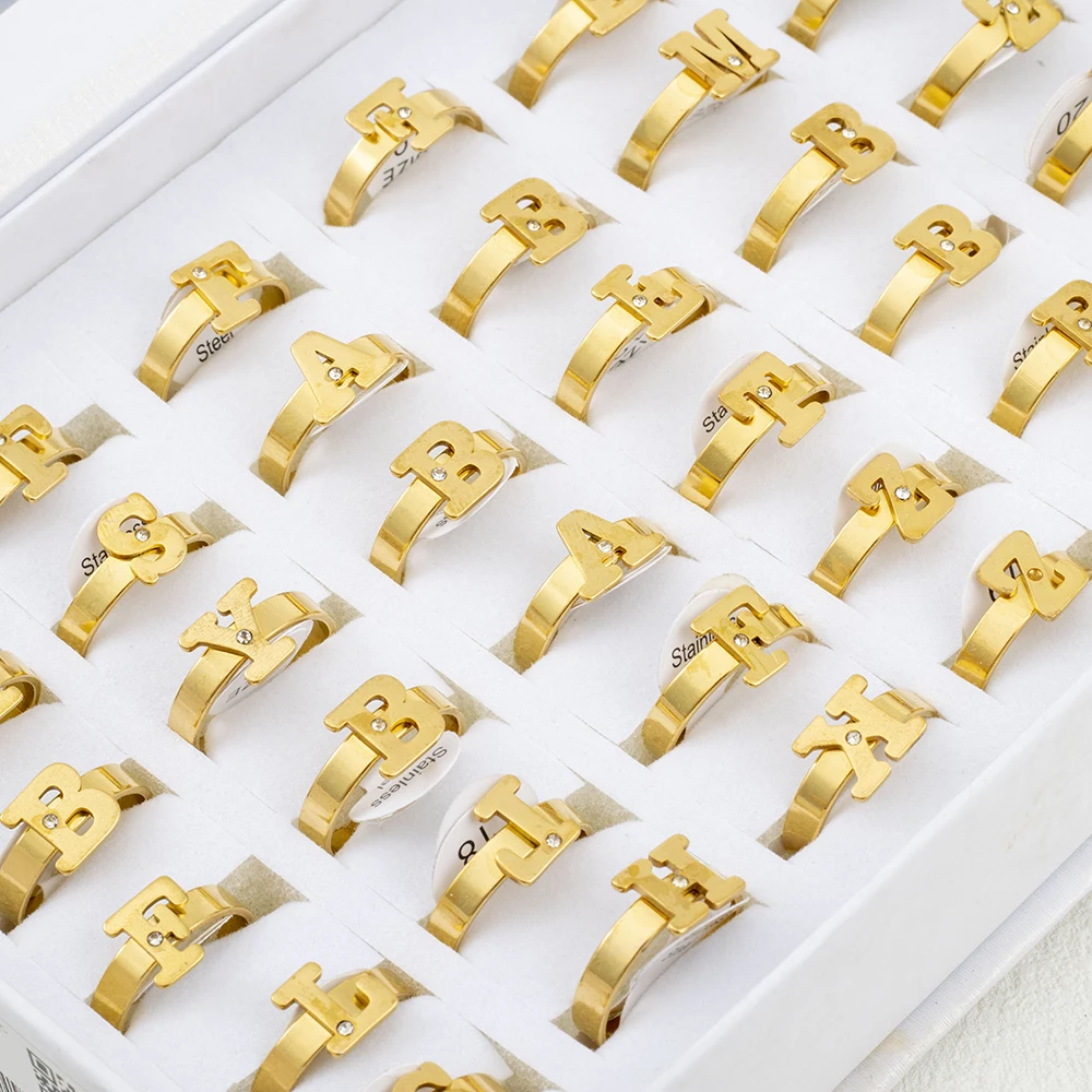 36 Pcs/Lot Stainless Steel 26 Letter Rings with Crystal 2023 Fashion Classics Couple Jewelry Wholesale Party Gifts