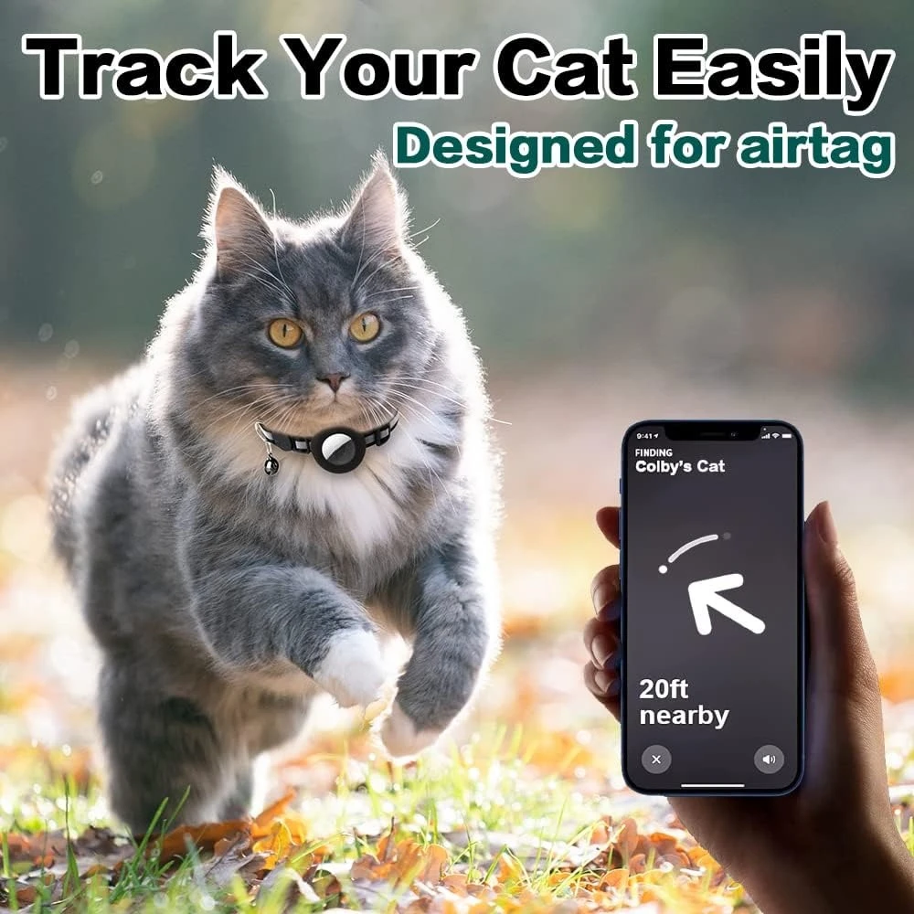 Niedliches Katzenhalsband mit Airtag-Halterung, Reflektierendes Abreißhalsband mit Glocke für Apple AirTag, Nylon-Silikon-Halsband für Katzen – Detail 4