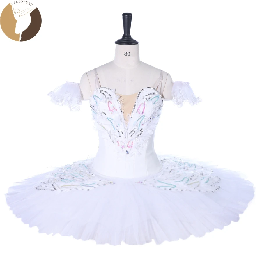 

FLTOTURE Girls White Swan Performance Competition Pancake Tutu Dress Girls Ballet Variation Stage Costumes Custom Made Skirt