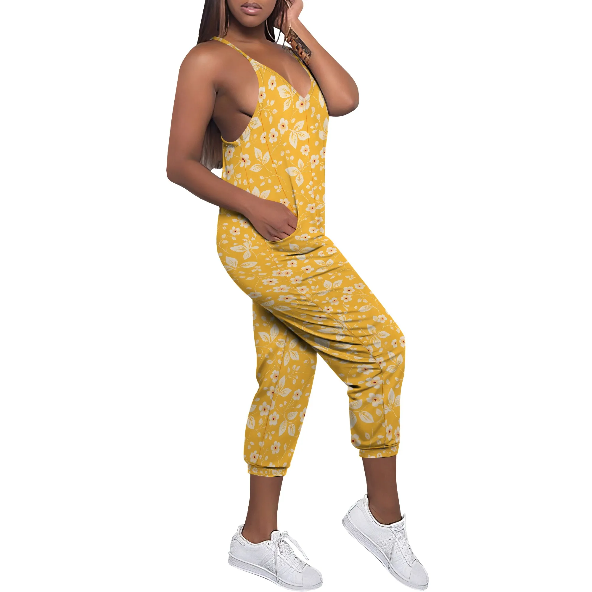Estate nuova tuta da donna elastica allentata stampata multicolore con scollo a V profondo senza maniche tracolla sottile con tracolla e tasca