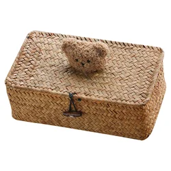 Square Creative Bear Straw Storage Box Makeup Organizer for Drawer 23x13cm Cloth Woven Basket Bin