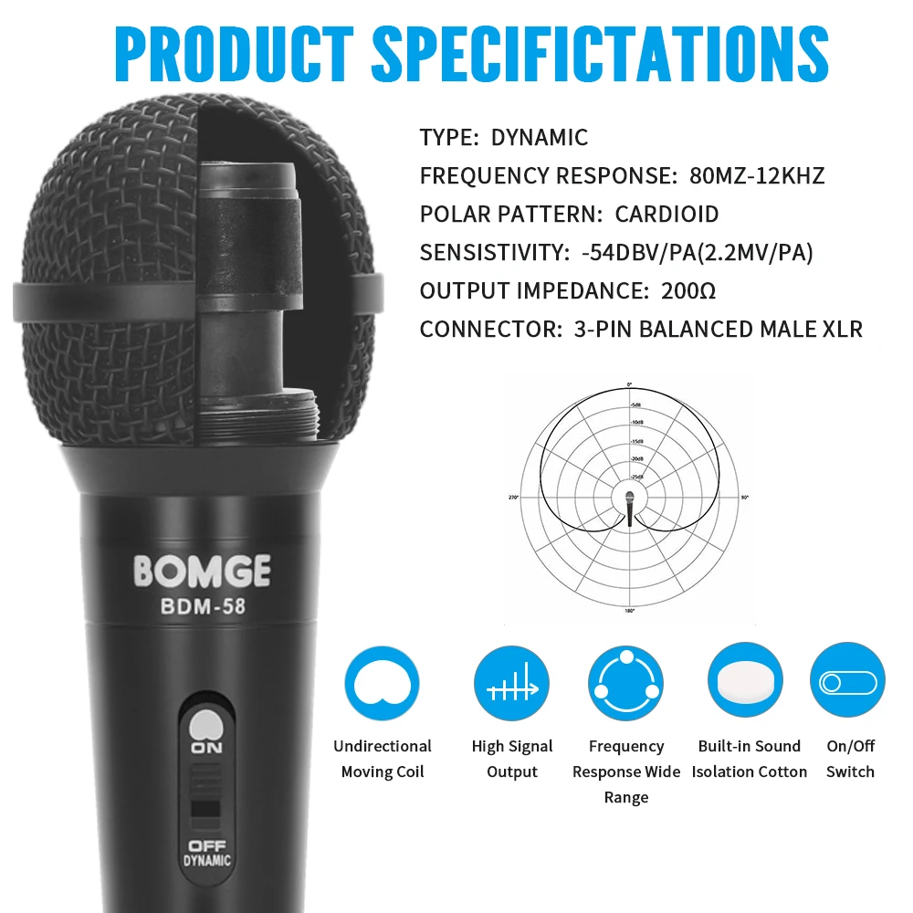 BOMGE Dynamic Karaoke Metal Cardioid Microphone Wired Vocal Handheld Mic with 16.4 feet XLR 6.35mm Audio Cable for Speech KTV