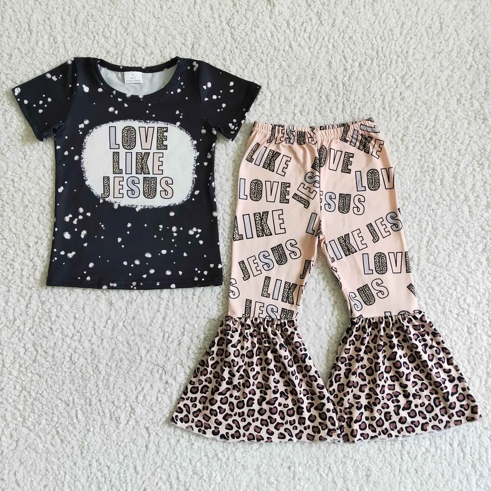 Fashion Baby Girls Love Like Jesus Black Leopard Print flared Set Wholesale Boutique Children Discount Clothes Skirt