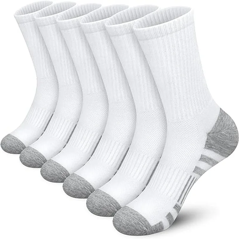 6 Pairs New Men Long Sport Socks Compression Socks Breathable Basketball Socks Cushion Running Socks White/Black Plus Size 38-46