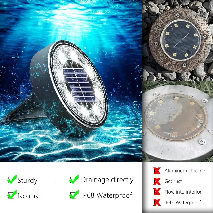 Solar-Bodenleuchten, 4er-Pack mit 8 LEDs, wasserdichte IP68-Scheibenleuchten für den Außenbereich, für Garten- und Landschaftsbeleuchtung, ideal für Terrassenwege