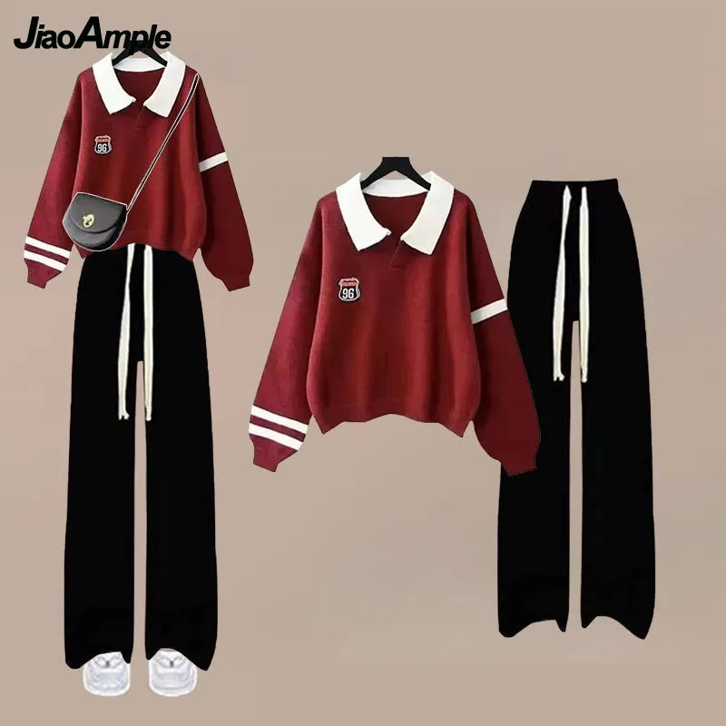 Girls\' Autumn Winter New Casual Tracksuit Matching Set Korean Elegant Loose POLO Sweatshirt+sports Wide Leg Pants Two-piece Suit