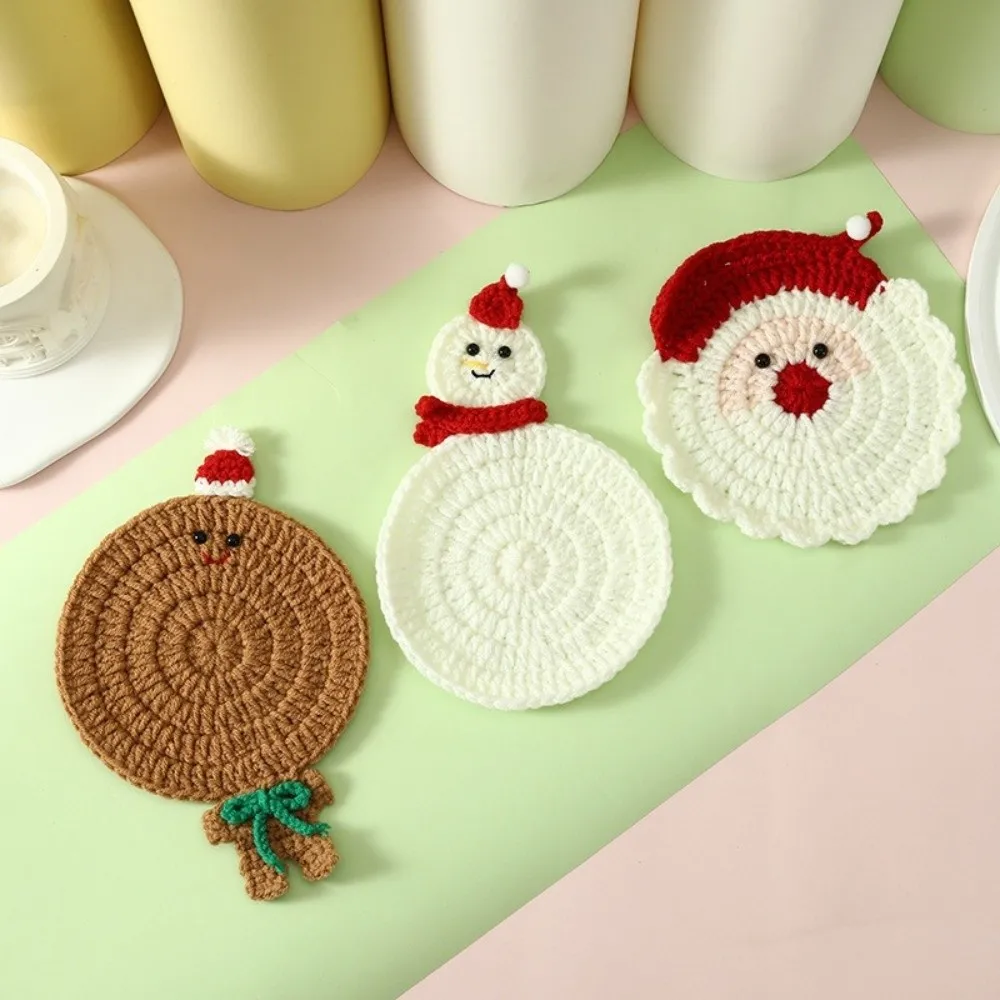 Handmade Christmas Crochet Coaster Santa Claus Christmas Tree Knitted Drink Coaster Gingerbread Man Yarn Cup Mat Christmas Decor