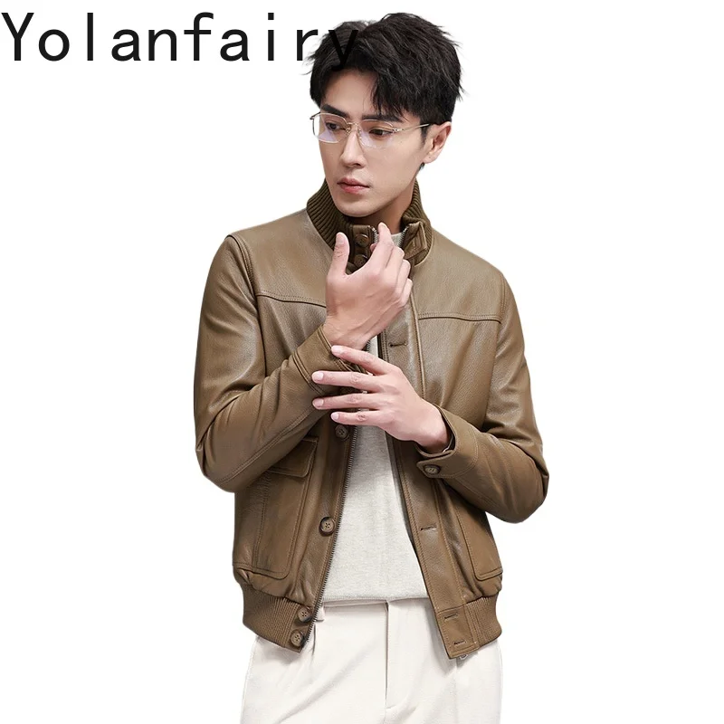 

YOLANFAIRY High-end 100% Real Leather Jacket Man Autumn Top Layer Goatskin Leather Jackets Men Short Casual Coat Stand Collar
