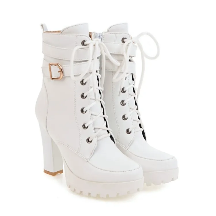 Scarpe donna stivali da moto autunno inverno stivali da donna 2024 eleganti stivaletti da donna piattaforme con tacco alto Sexy Botas Buckle White