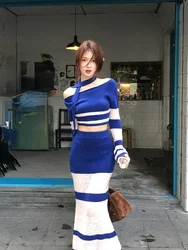 2024 New Blue Knitted Sets Women Korean Fashion Striped Suit Casual Y2k Crop Tops + Slim Bodycon Midi Skirt Elegant Chic