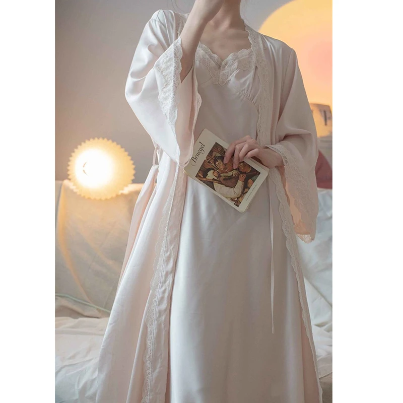 Women\'s Bathrobe Set Silk Spring Autumn Lace Sexy Ladies Dressing Gown Solid Satin Long Sleeve Nightdress With Chest Pad Female