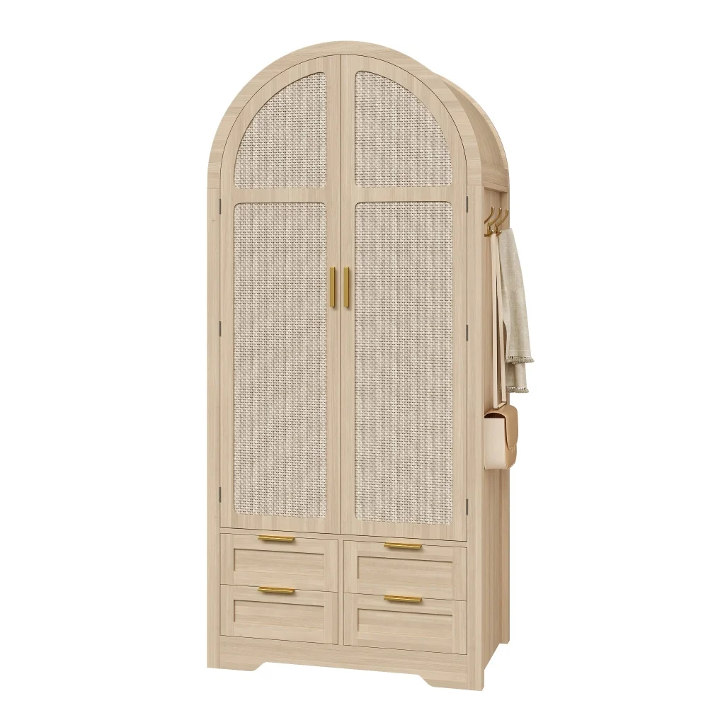 PINGGO Moderner Kleiderschrank mit Gebogenen Türen Großzügiger Stauraum Kleiderstange Schubladen Luxuriös für Schlafzimmer Eingangsbereich – Detail 14