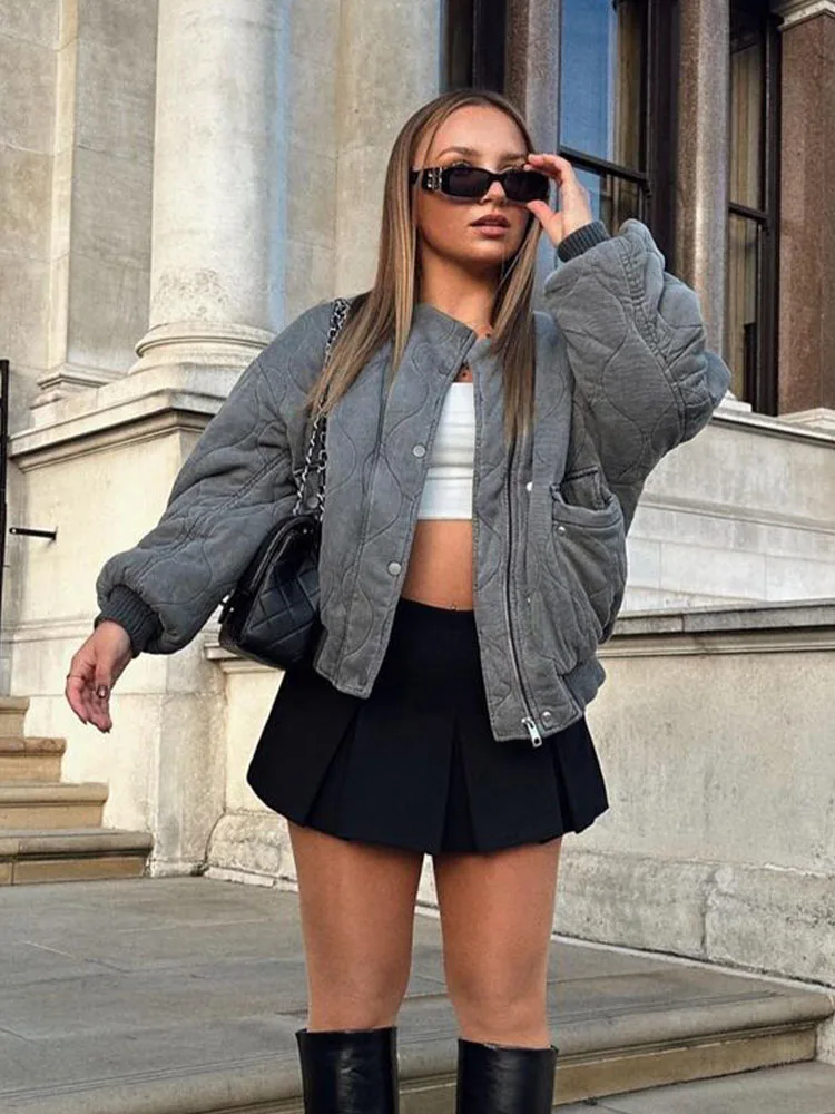 

HH Women Winter Fashion Vintage Loose Quilted Warm Cotton Clothes Short Coat Female Long Sleeve Zippered Bomber Casual Jacket