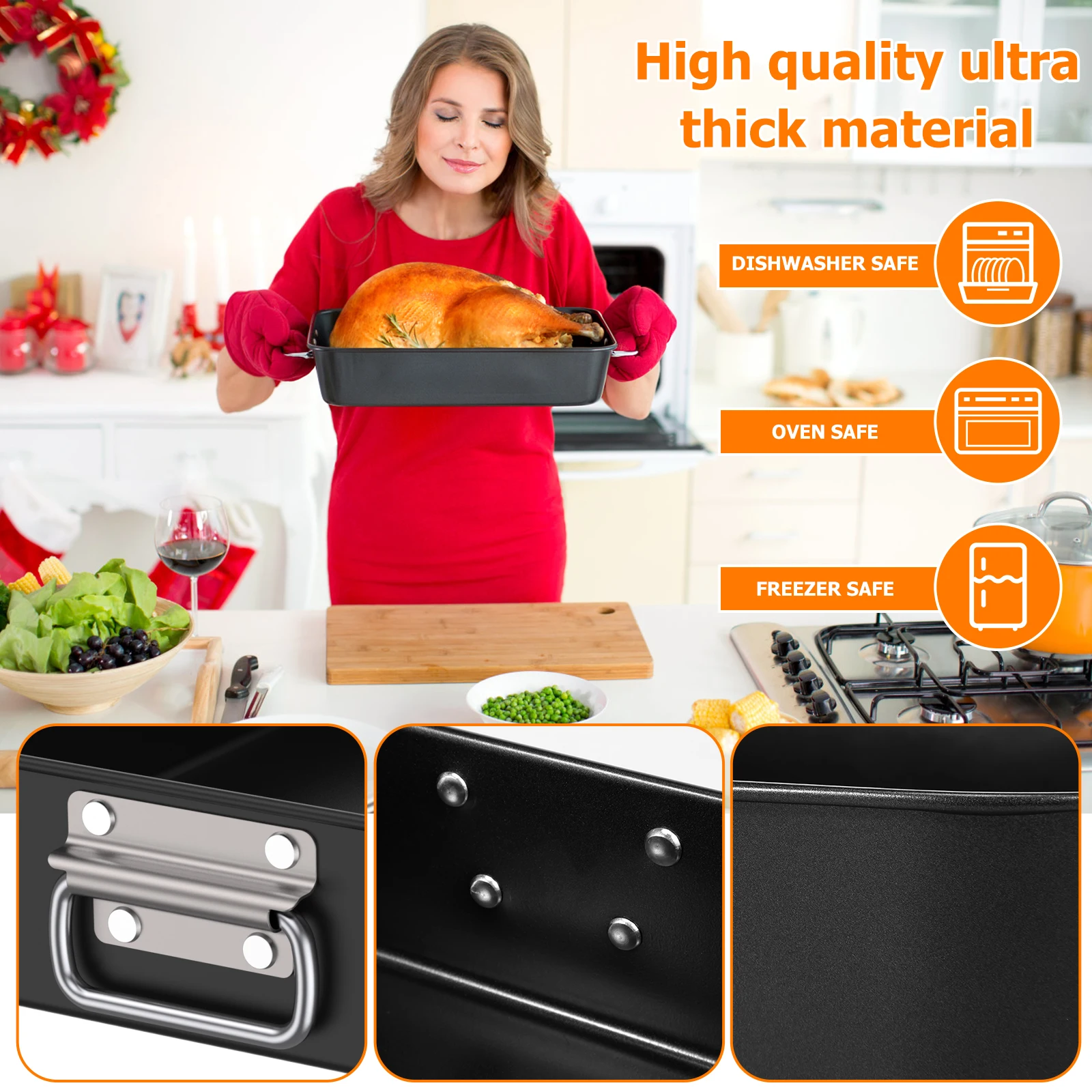 Deep Baking Pan Rectangle Carbon Steel Chicken Roasting Pan with Stainless Steel Handles Nonstick Cake Bakeware for Kitchen Oven