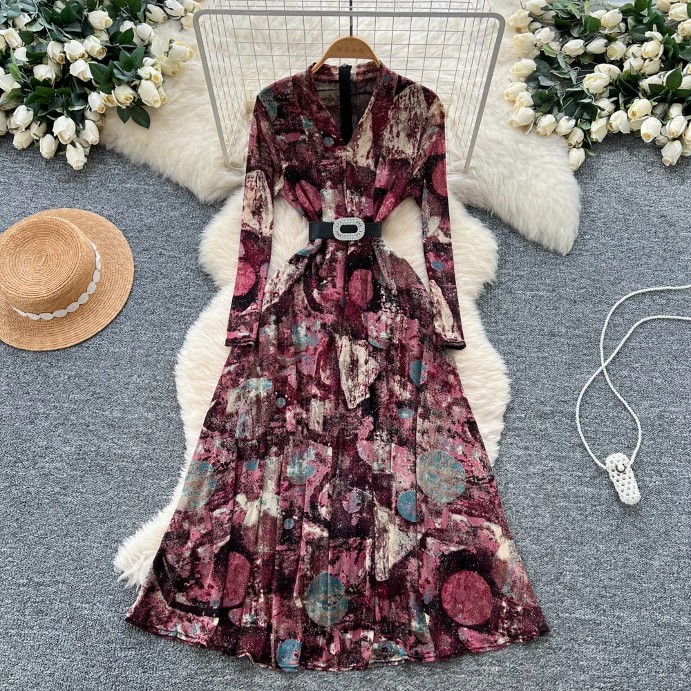 

Long Dress Women Dresses Print Vestidos Y2k Streetwear V Neck Full Sleeve Elegant Party Night Work Tight Waist Autumn Winter