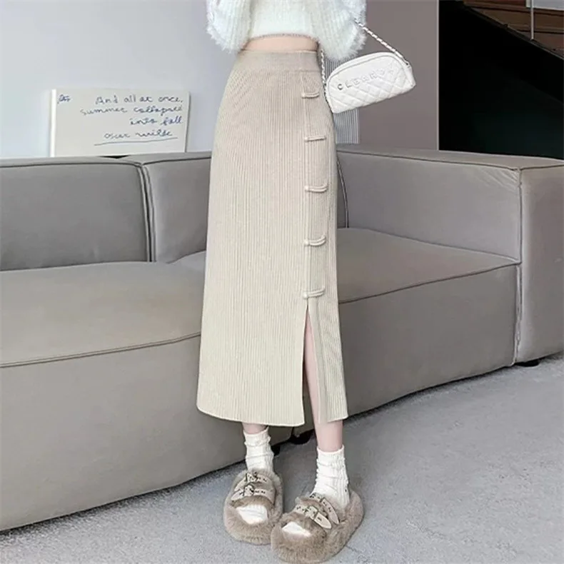 

Women's Petite High-Waisted A- Line Knit Skirt New Style Winter 2025 Side Slit Long Dress Casual Chic Female Fashion E11127