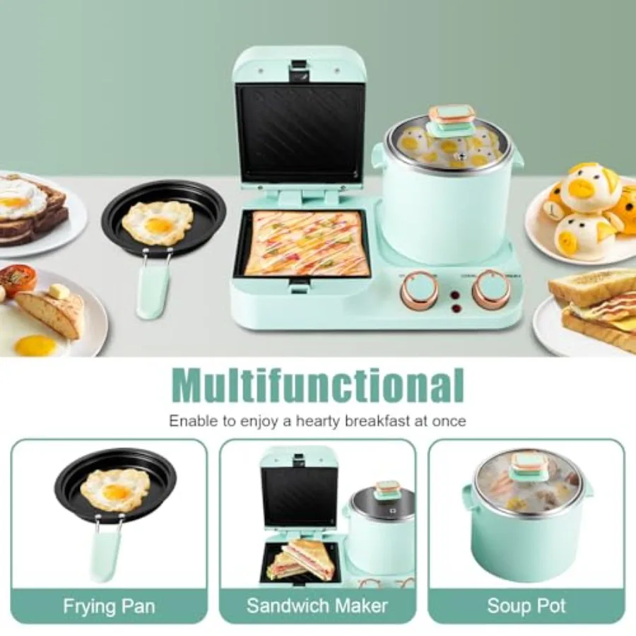 3 in 1 Breakfast Station Electric 110V Multifunctional Breakfast Maker with Mini Toaster NonStick Frying Pan Boiling Pot for Sa