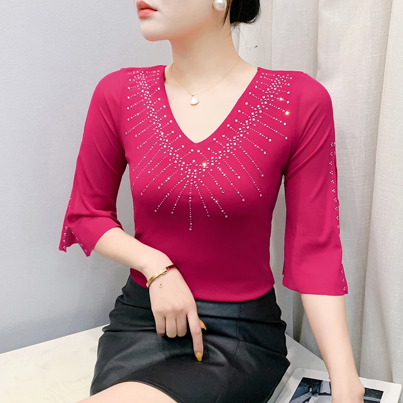 New 2026 Summer Three-Quarters Sleeve V-Neck Mesh Tops Elegant Slim Hot Diamond  High Elasticity Women's T-Shirt Blusas