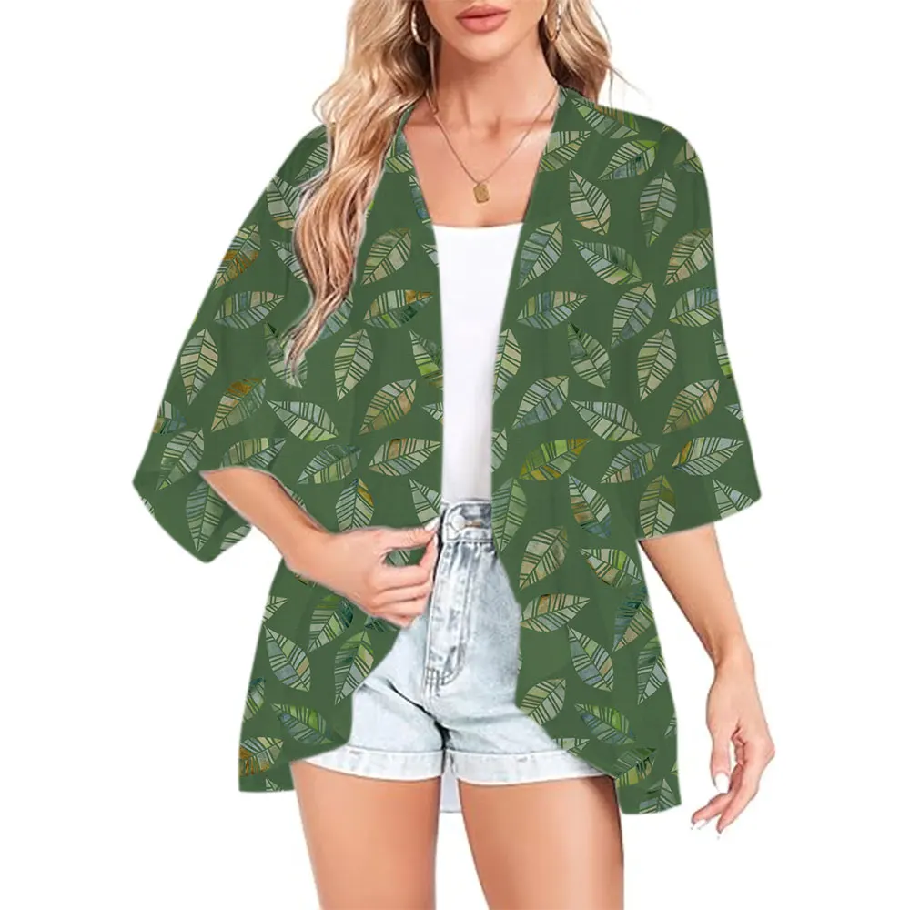 Verano Kimono traje de baño abrigo 3d hoja impresa playa cubrir Casual Kimono Cardigan Tops de gran tamaño vacaciones Sexy cubre capa