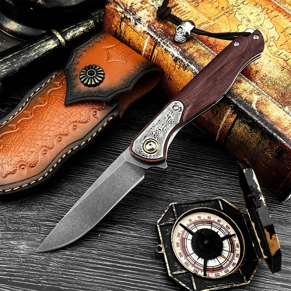 

Camping Essential Folding Knife, D2 Steel Blade Red Sandalwood Inlaid Damascus Steel Handle with Leather Sheath Outdoor EDC Tool