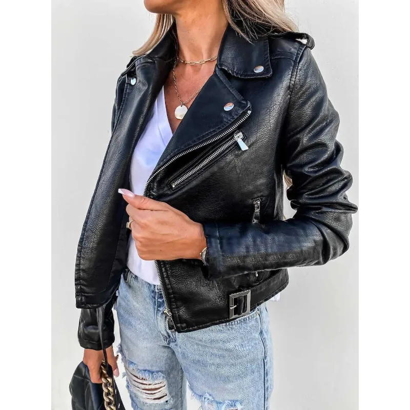 Neue Damen PU-Leder Kurze Reißverschluss-Motorradjacke Herbst Winter Top Bequemer Lässiger Britischer Stil Langarm-Mantel