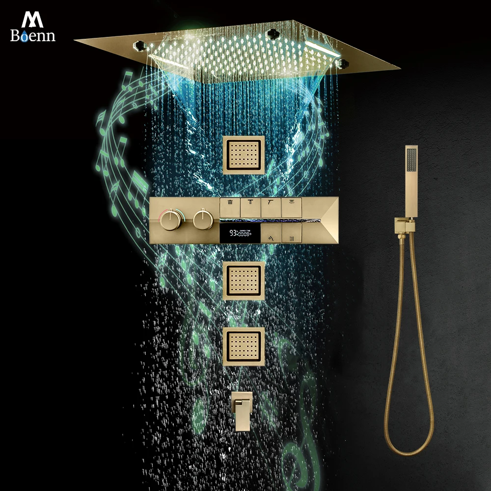 

M Boenn Душевая система с дисплеем температуры, музыкальная 20-дюймовая золотая насадка для душа, смеситель для ванной комнаты с дождевой насадкой, умный термостатический смеситель