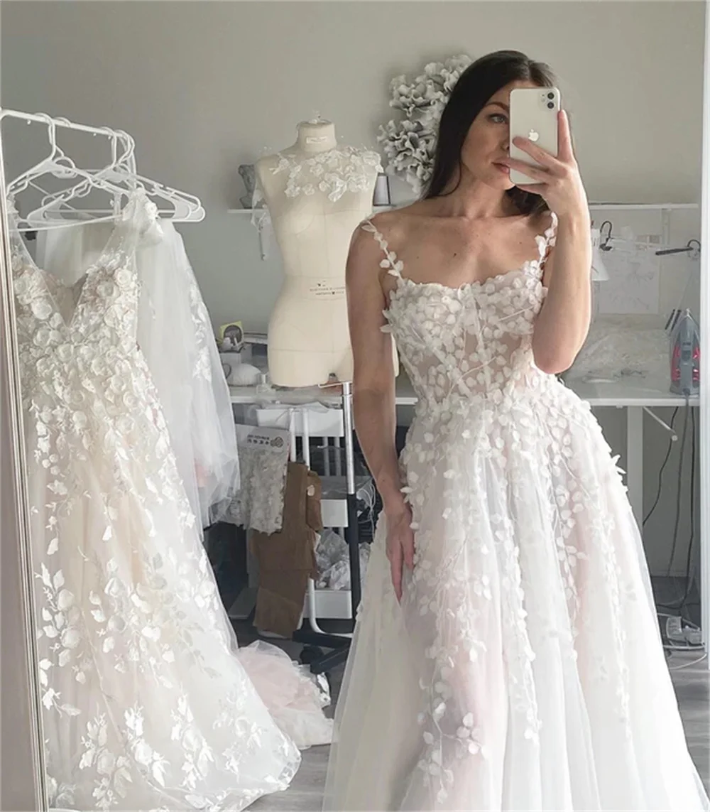 Vestidos de novia de tirantes finos bordados de flores blancas, línea A, sin espalda, vestidos de noche formales hasta el tobillo