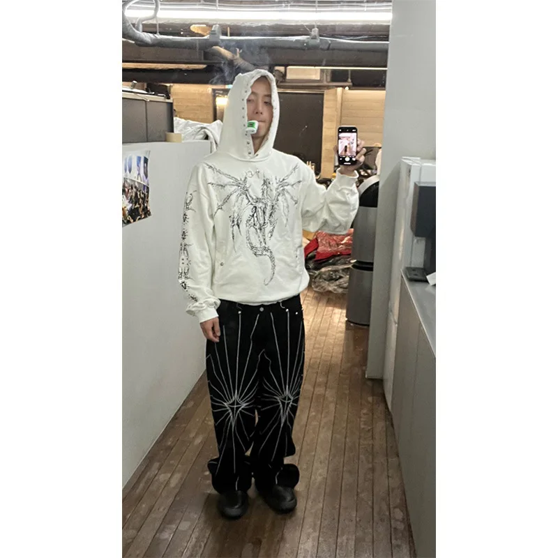 [BOMP] 2024 Autumn Men CLUB American Street Spider Web Embroidered Straight Leg Jeans Men's Trendy Loose Pu Same Style Pants