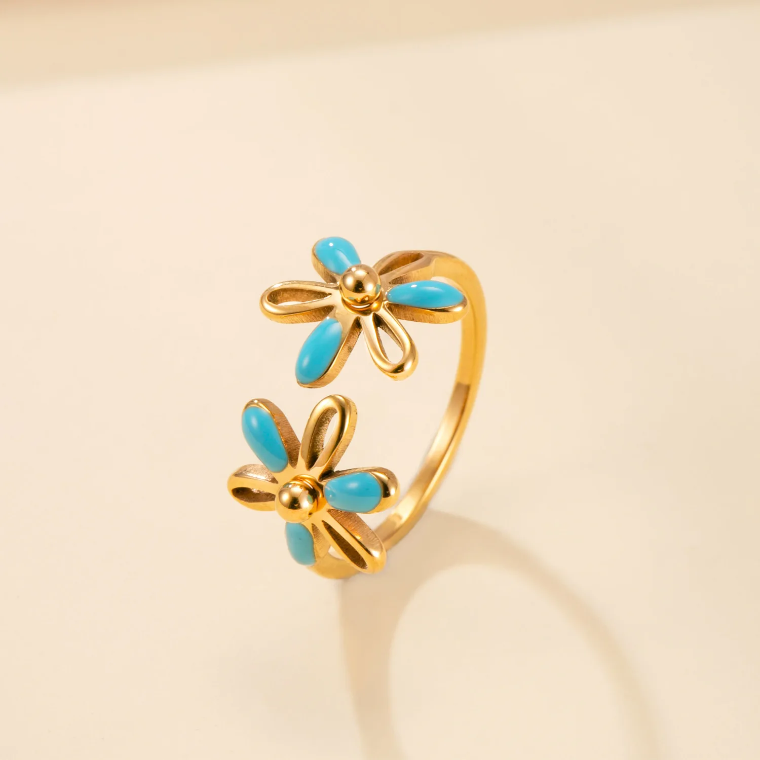 Skyrim Bunte Emaille-Blumen Offener Ring Damen Edelstahl Goldfarben Ringe Mode Böhmischer Schmuck Geschenk Großhandel – Detail 3