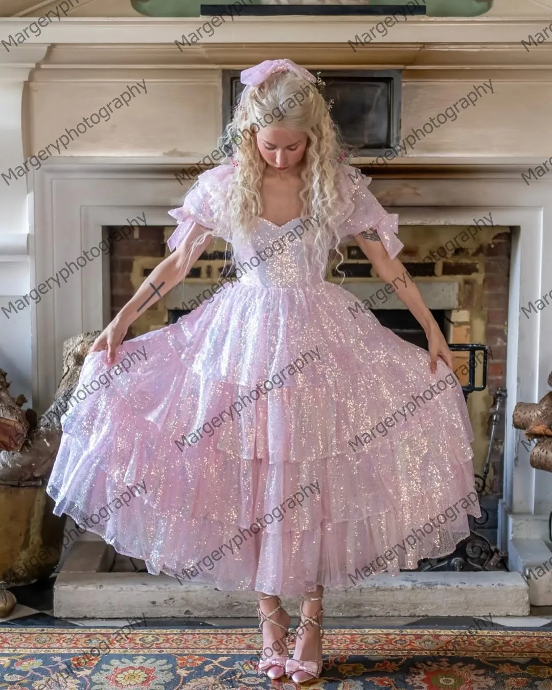 Princesa lantejoulas rendas vestidos de baile glitter babados em camadas rendas inchado pageant vestido de festa mangas puff arco meninas vestidos de brithday